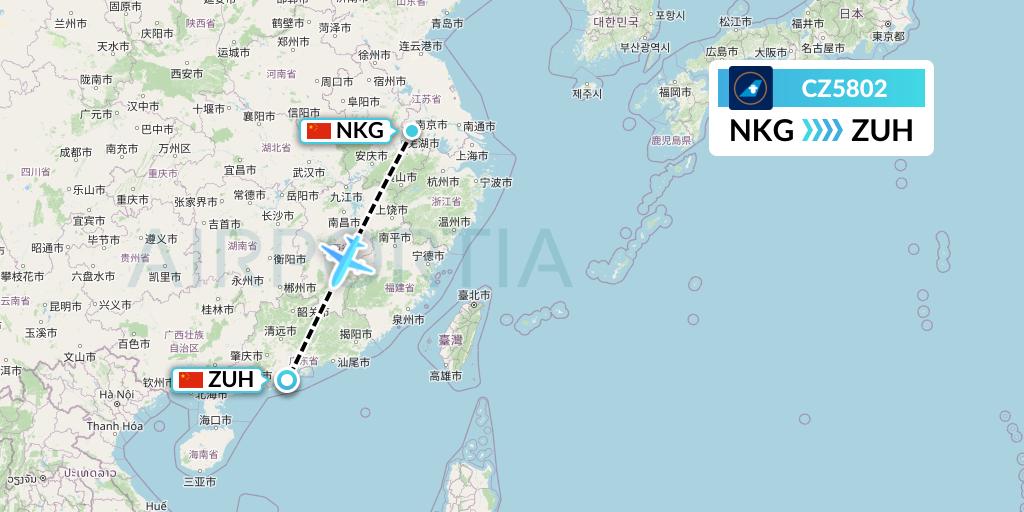 CZ5802 China Southern Airlines Flight Map: Nanjing to Zhuhai