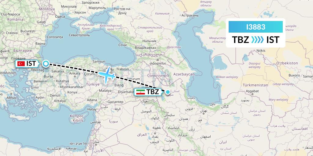 I3883 ATA Airlines Flight Map: Tabriz to Istanbul