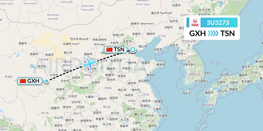 3U3273 Sichuan Airlines Flight Map: Xiahe to Tianjin