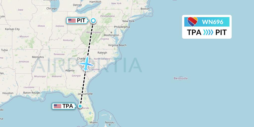 WN696 Southwest Airlines Flight Map: Tampa to Pittsburgh
