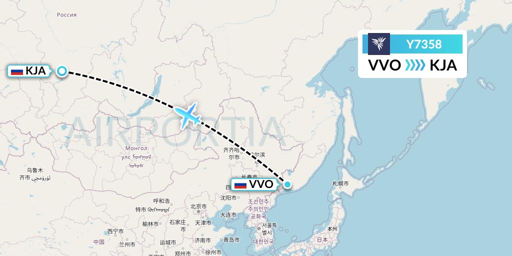 Y7358 NordStar Flight Map: Vladivostok to Krasnoyarsk