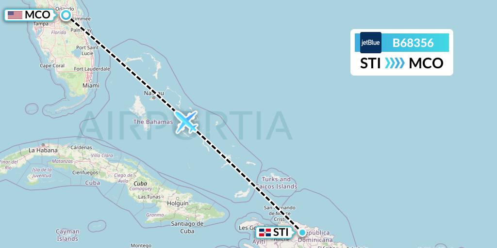 B68356 JetBlue Airways Flight Map: Santiago de los Caballeros to Orlando