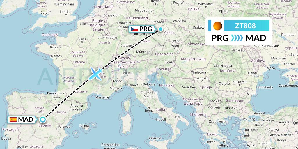 ZT808 Titan Airways Flight Map: Prague to Madrid