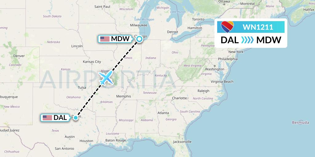 WN1211 Southwest Airlines Flight Map: Dallas to Chicago