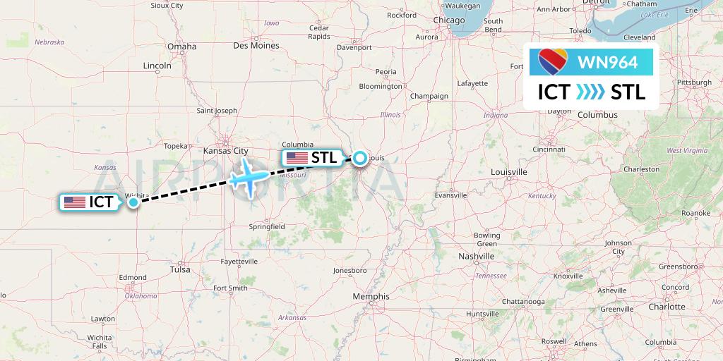 WN964 Southwest Airlines Flight Map: Wichita to St. Louis