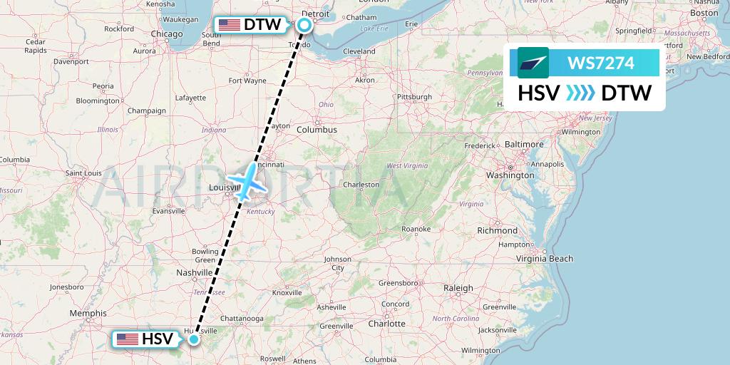 WS7274 WestJet Flight Map: Huntsville to Detroit