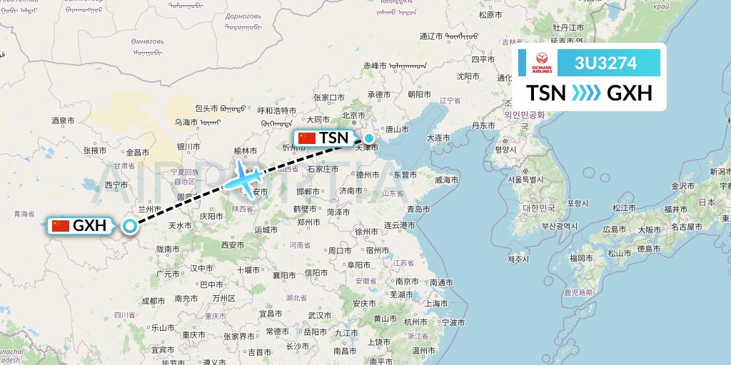 3U3274 Sichuan Airlines Flight Map: Tianjin to Xiahe