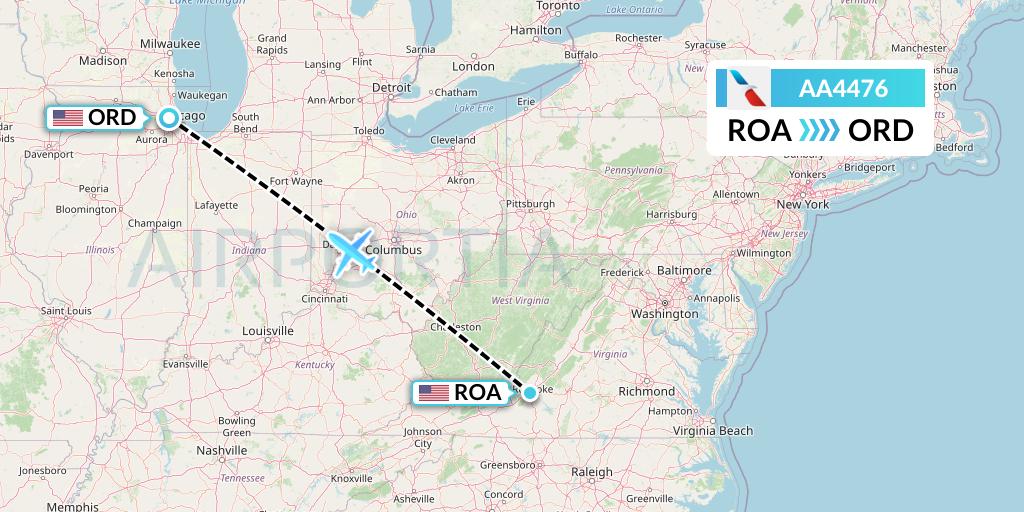 AA4476 American Airlines Flight Map: Roanoke to Chicago