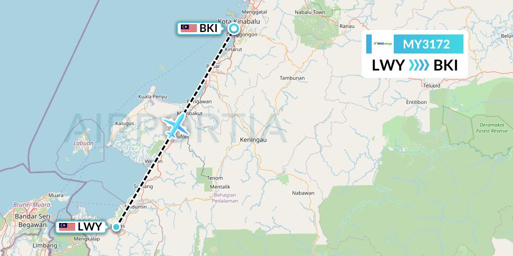 MY3172 MASwings Flight Map: Lawas to Kota Kinabalu