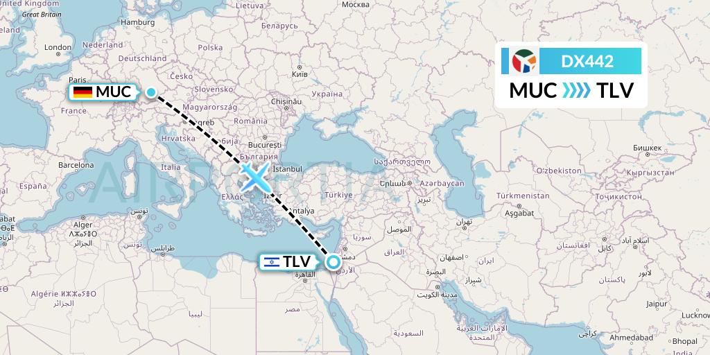 DX442 Danish Air Transport Flight Map: Munich to Tel Aviv