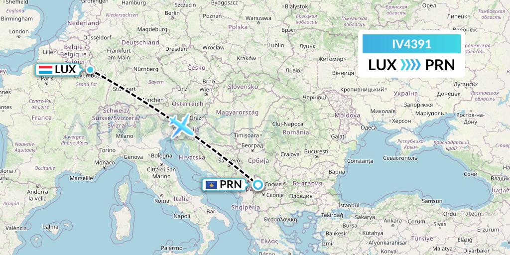 IV4391 VVB Aviation Malta Flight Map: Luxembourg to Pristina
