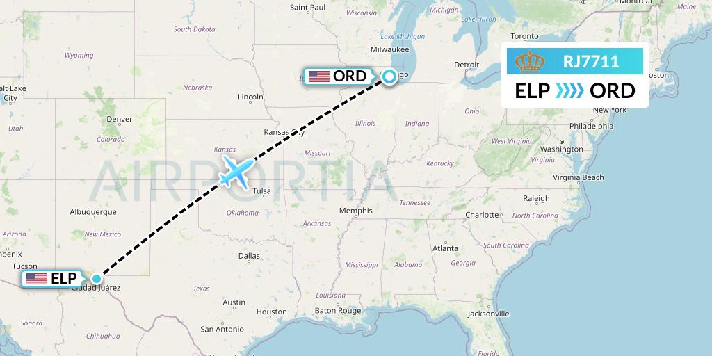RJ7711 Royal Jordanian Flight Map: El Paso to Chicago
