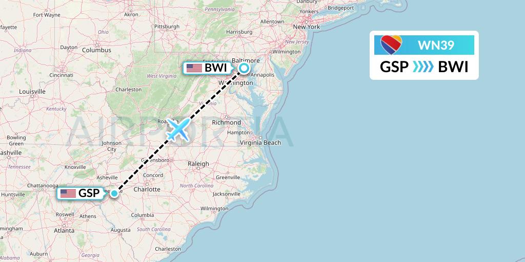 WN39 Southwest Airlines Flight Map: Greenville-Spartanburg to Baltimore