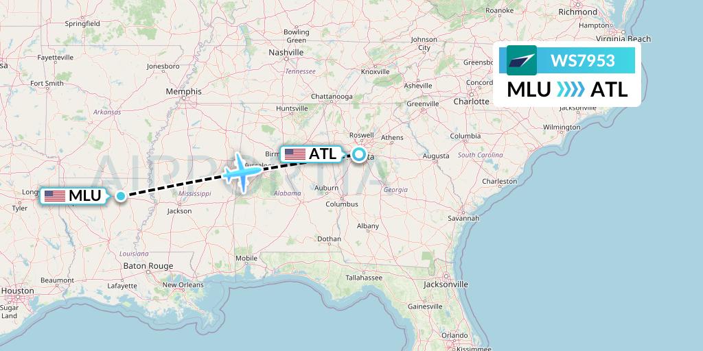 WS7953 WestJet Flight Map: Monroe to Atlanta