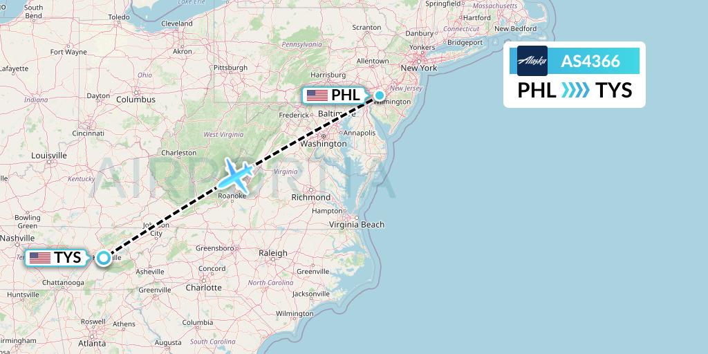 AS4366 Alaska Airlines Flight Map: Philadelphia to Knoxville