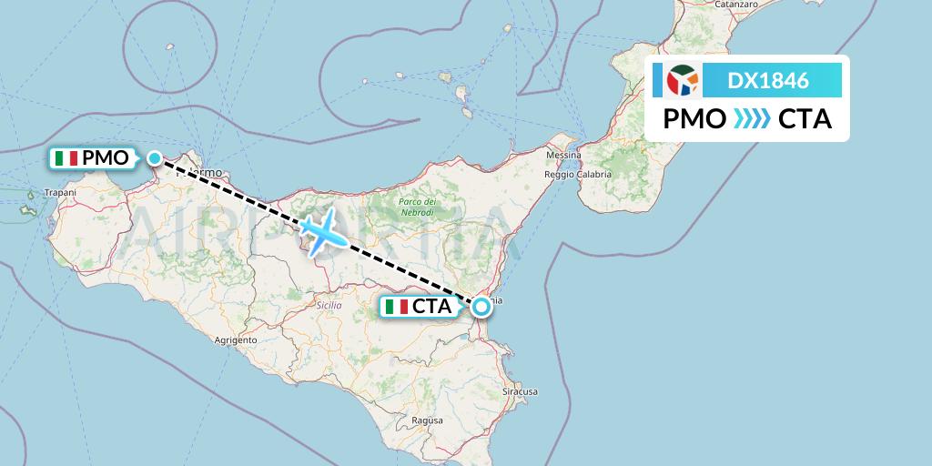 DX1846 Danish Air Transport Flight Map: Palermo to Catania