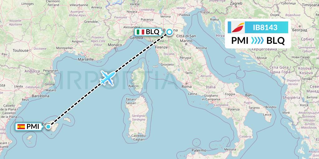 IB8143 Iberia Flight Map: Palma de Mallorca to Bologna