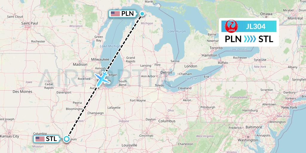 JL304 Japan Airlines Flight Map: Pellston to St. Louis