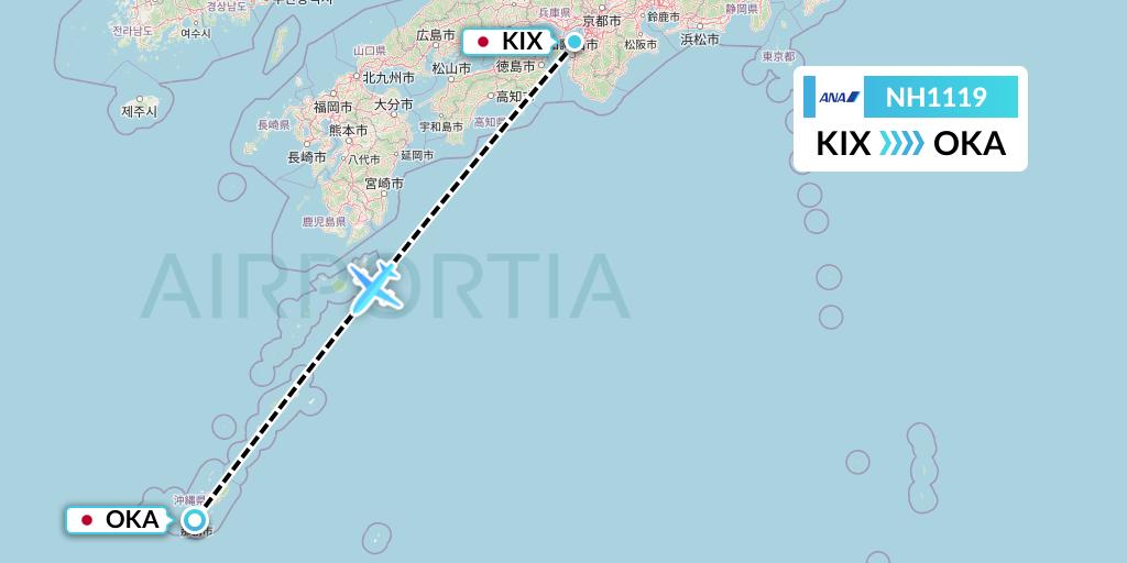 NH1119 All Nippon Airways Flight Map: Osaka to Naha