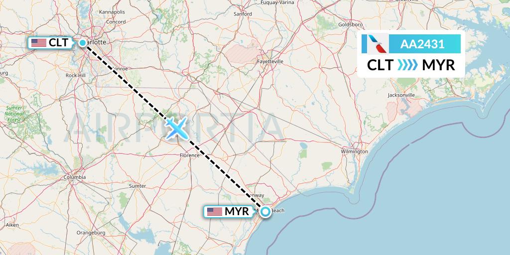 AA2431 American Airlines Flight Map: Charlotte to Myrtle Beach