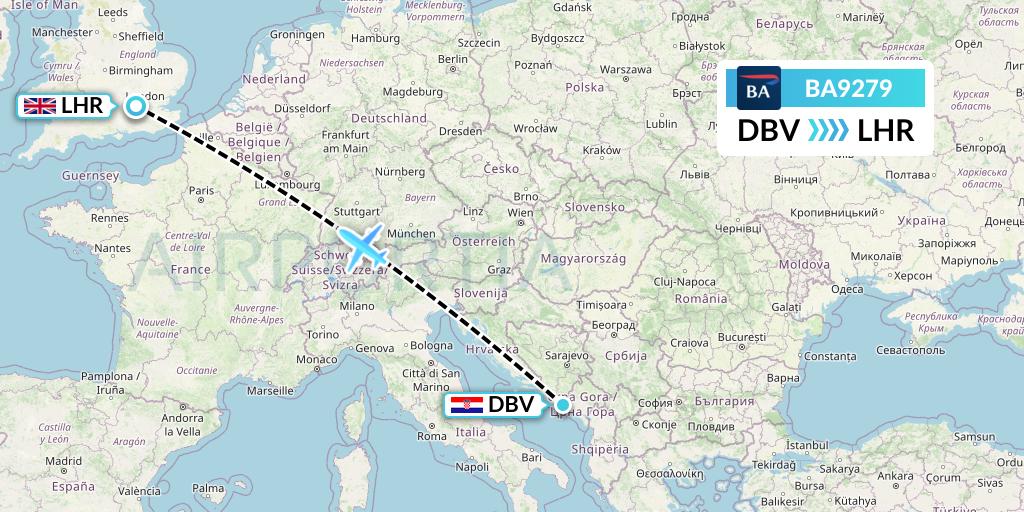 BA9279 British Airways Flight Map: Dubrovnik to London