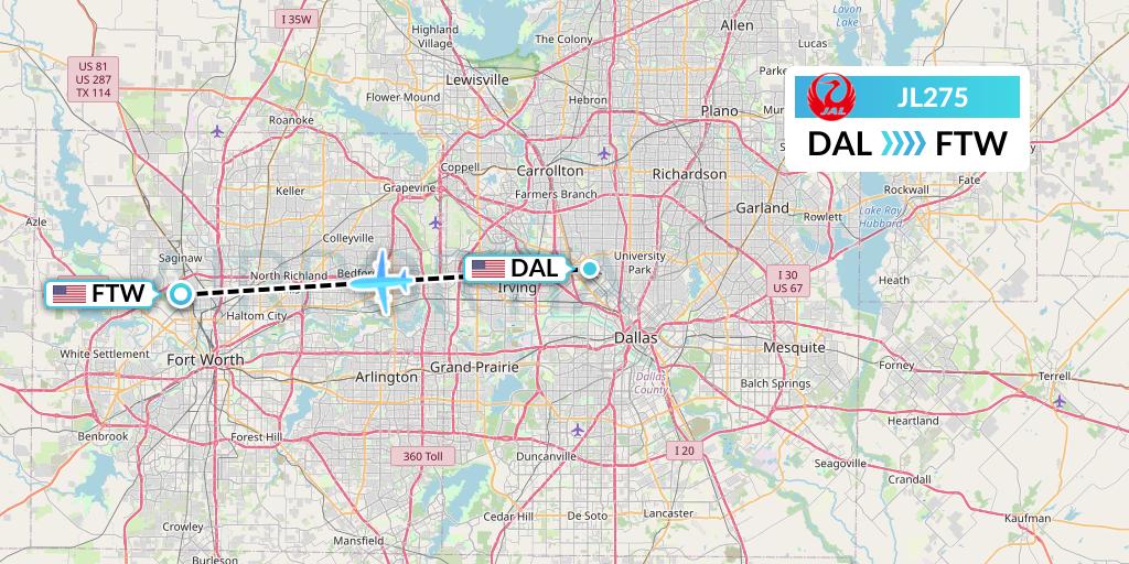 JL275 Japan Airlines Flight Map: Dallas to Fort Worth