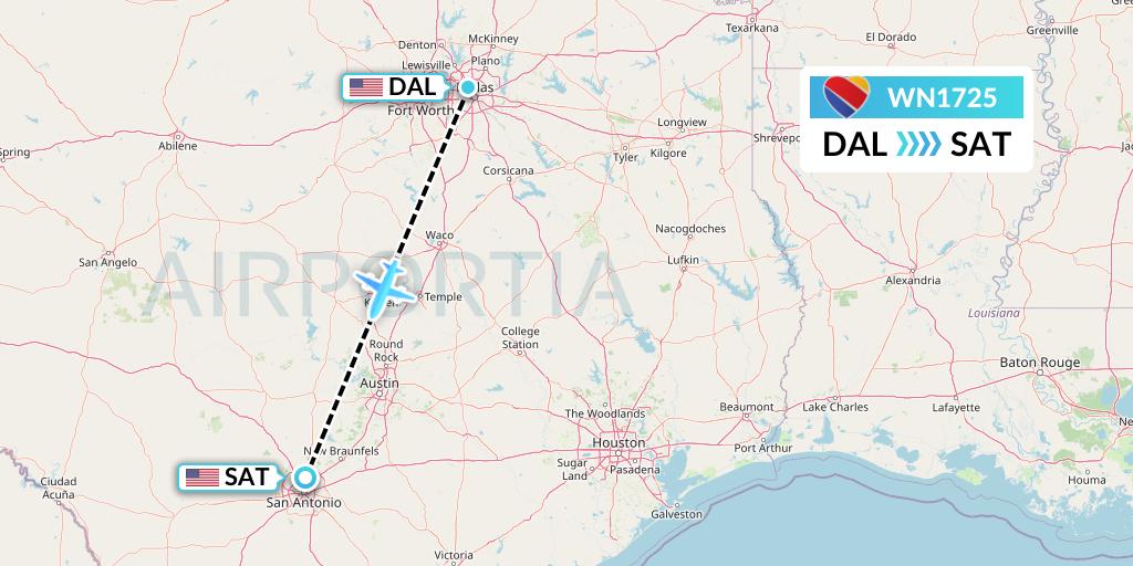 WN1725 Southwest Airlines Flight Map: Dallas to San Antonio