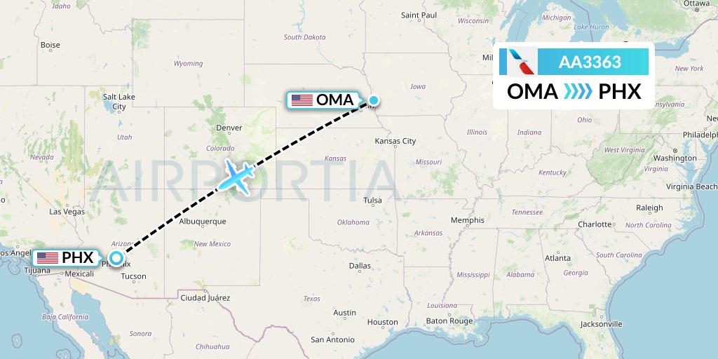 AA3363 American Airlines Flight Map: Omaha to Phoenix
