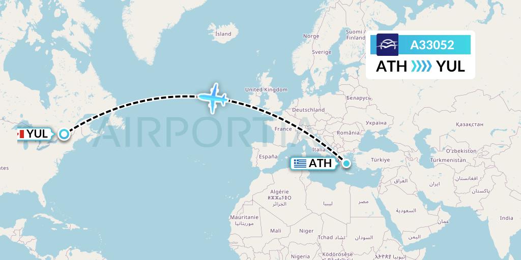 A33052 Aegean Airlines Flight Map: Athens to Montreal