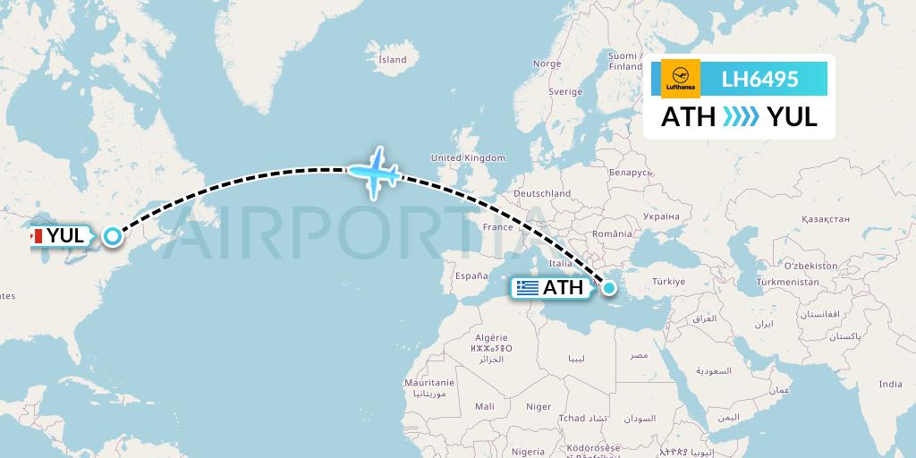 LH6495 Lufthansa Flight Map: Athens to Montreal