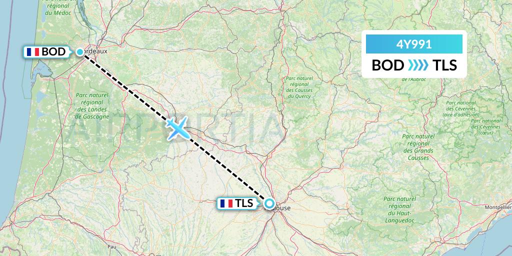 4Y991 Eurowings Discover Flight Map: Bordeaux to Toulouse