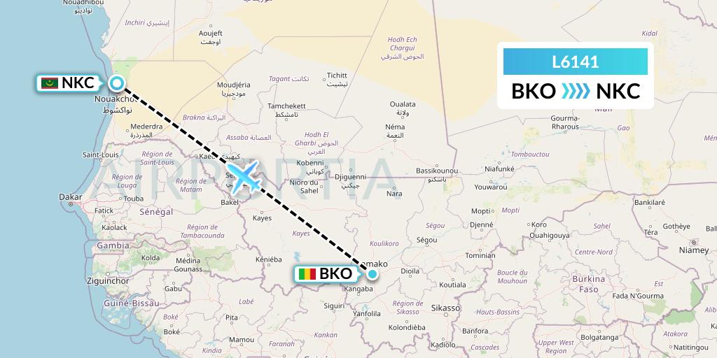 L6141 Mauritania Airlines International Flight Map: Bamako to Nouakchott