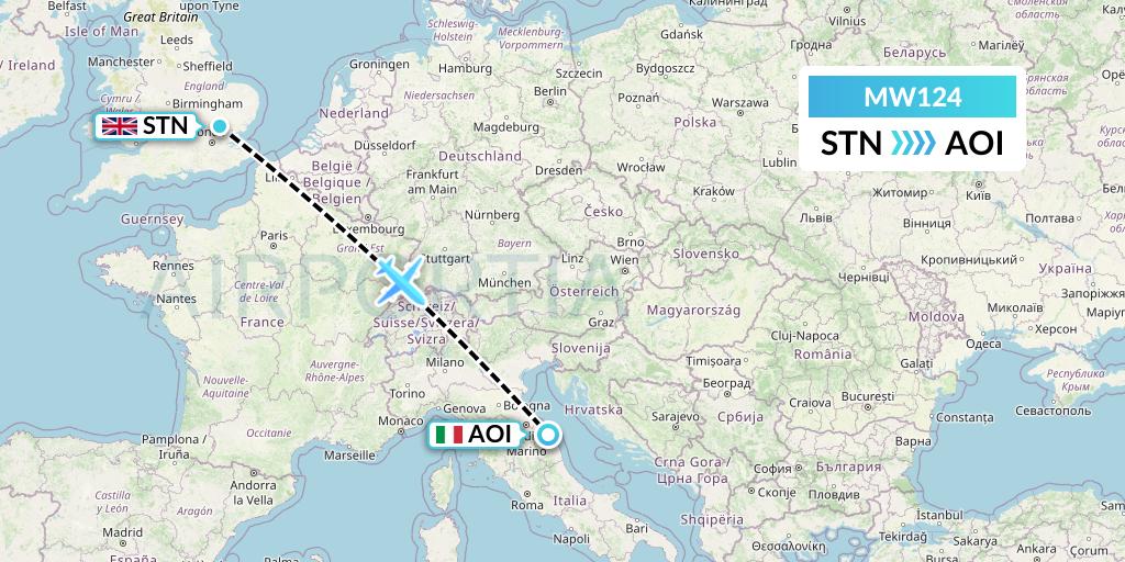MW124 Mokulele Flight Service Flight Map: London to Ancona