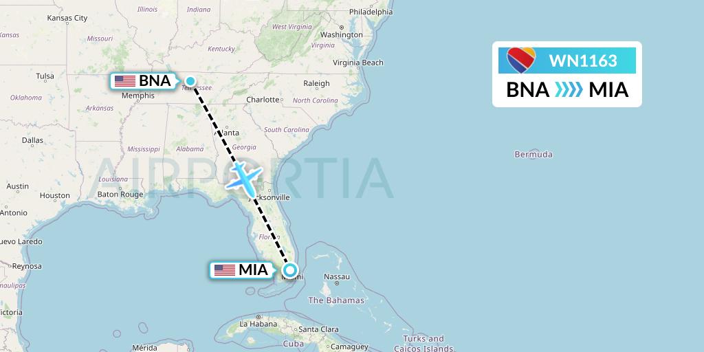 WN1163 Southwest Airlines Flight Map: Nashville to Miami