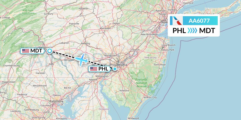 AA6077 American Airlines Flight Map: Philadelphia to Harrisburg