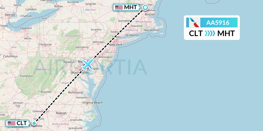 AA5916 American Airlines Flight Map: Charlotte to Manchester