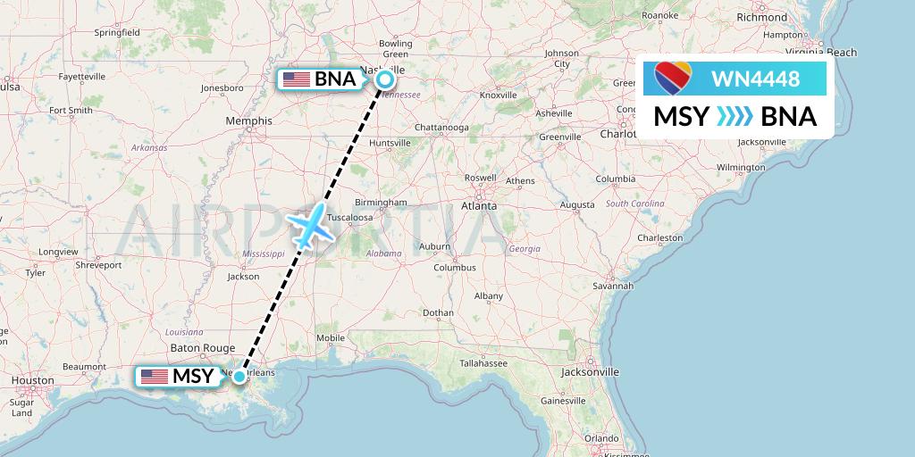 WN4448 Southwest Airlines Flight Map: New Orleans to Nashville