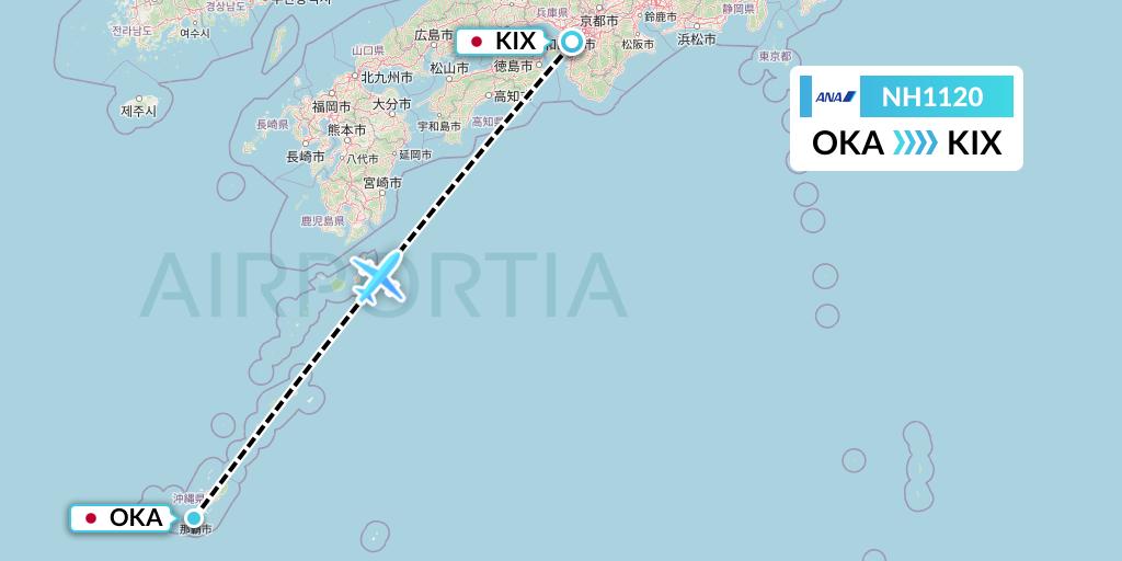 NH1120 All Nippon Airways Flight Map: Naha to Osaka