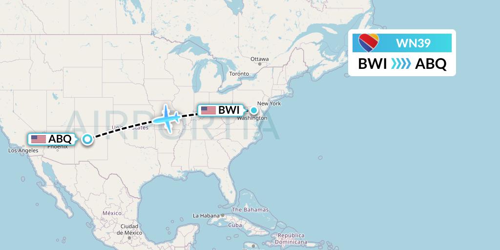 WN39 Southwest Airlines Flight Map: Baltimore to Albuquerque