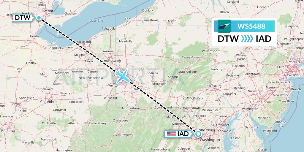 WS5488 WestJet Flight Map: Detroit to Washington