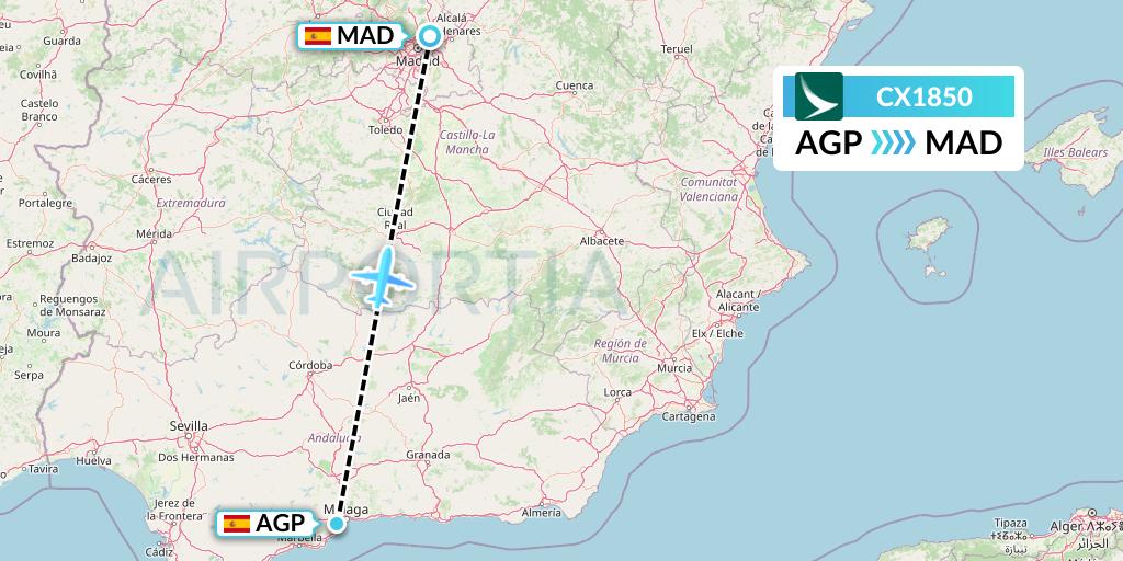 CX1850 Cathay Pacific Flight Map: Malaga to Madrid