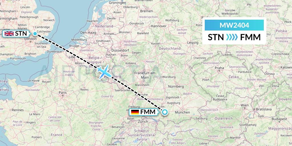 MW2404 Mokulele Flight Service Flight Map: London to Memmingen