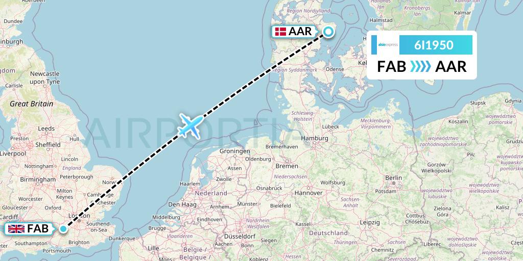 6I1950 Air Alsie Flight Map: Farnborough to Aarhus