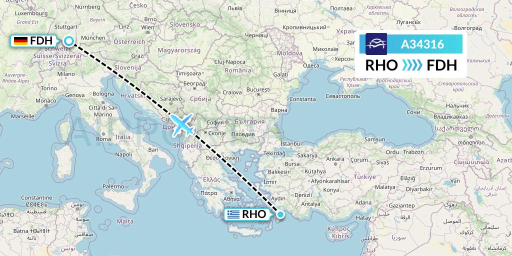 A34316 Aegean Airlines Flight Map: Rhodes to Friedrichshafen
