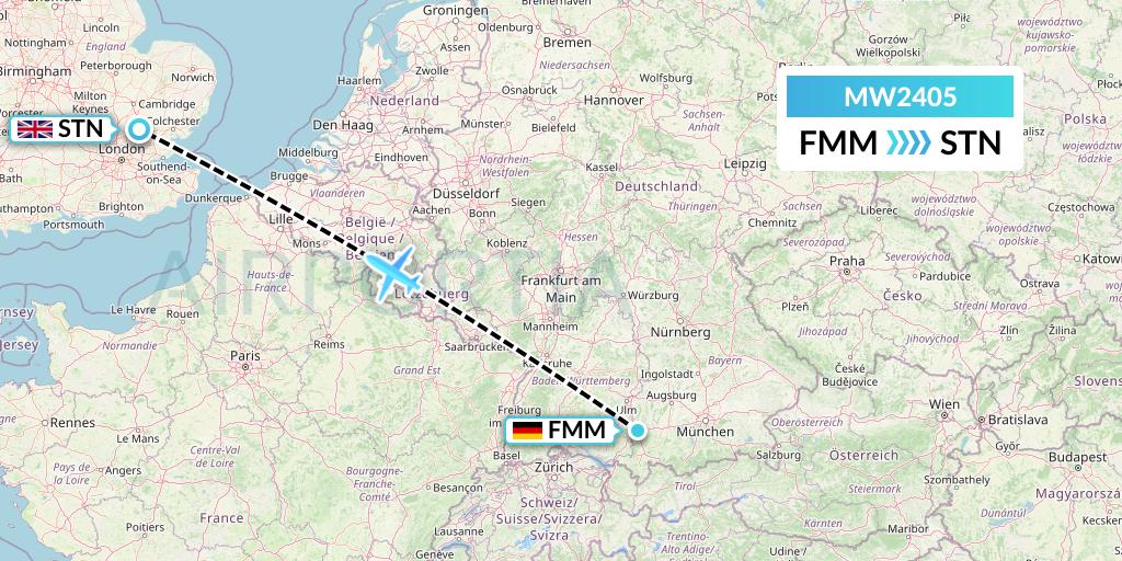 MW2405 Mokulele Flight Service Flight Map: Memmingen to London