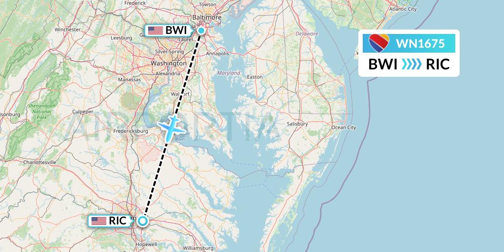 WN1675 Southwest Airlines Flight Map: Baltimore to Richmond