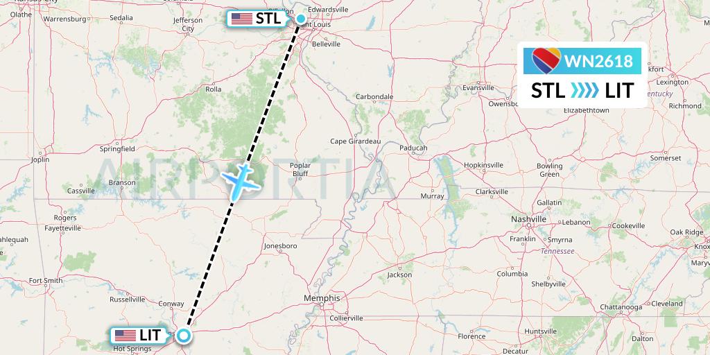 WN2618 Southwest Airlines Flight Map: St. Louis to Little Rock