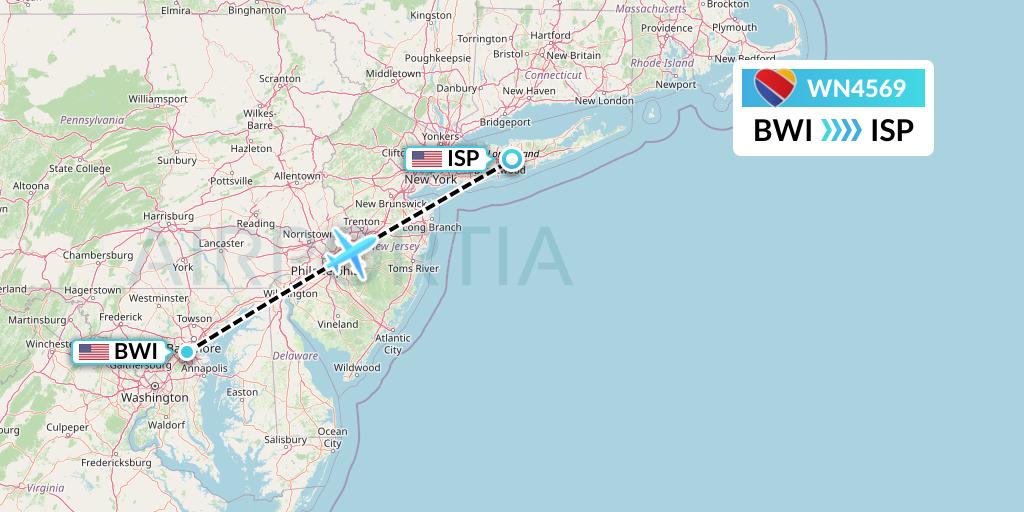 WN4569 Southwest Airlines Flight Map: Baltimore to Islip