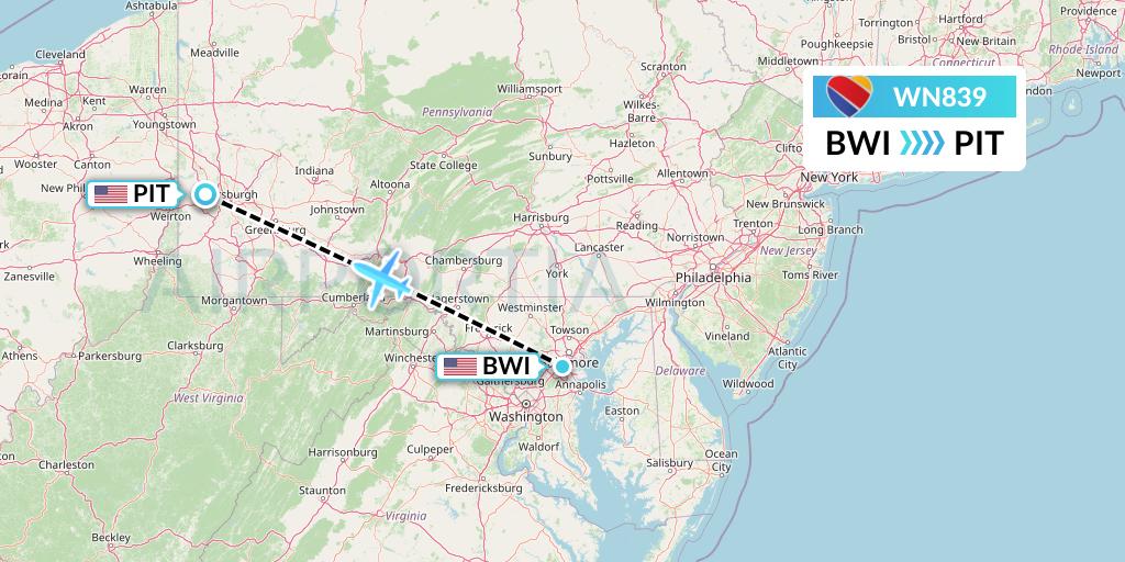 WN839 Southwest Airlines Flight Map: Baltimore to Pittsburgh