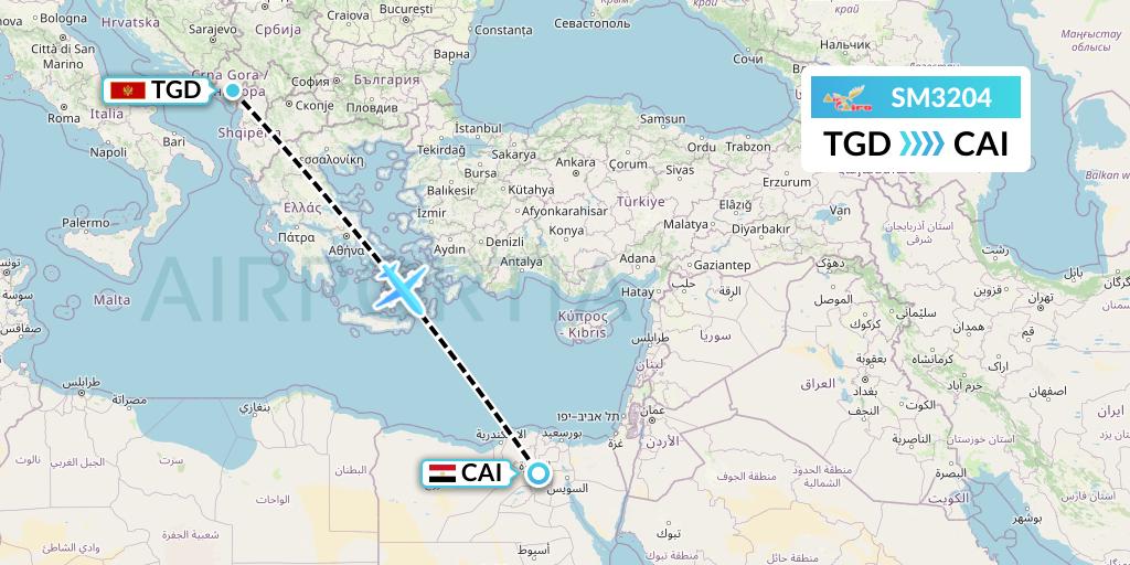 SM3204 Air Cairo Flight Map: Podgorica to Cairo